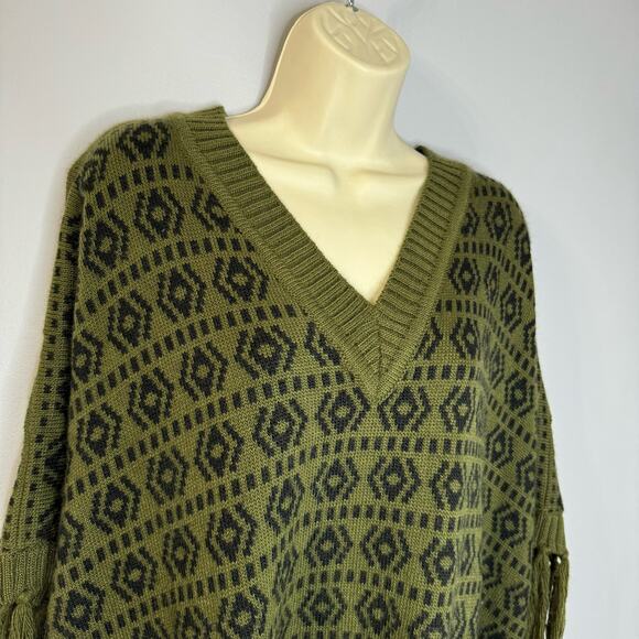 Carolina K Women's Alpaca Blend Lulu Poncho Green Print Fringe Boho One Size - Picture 3 of 11